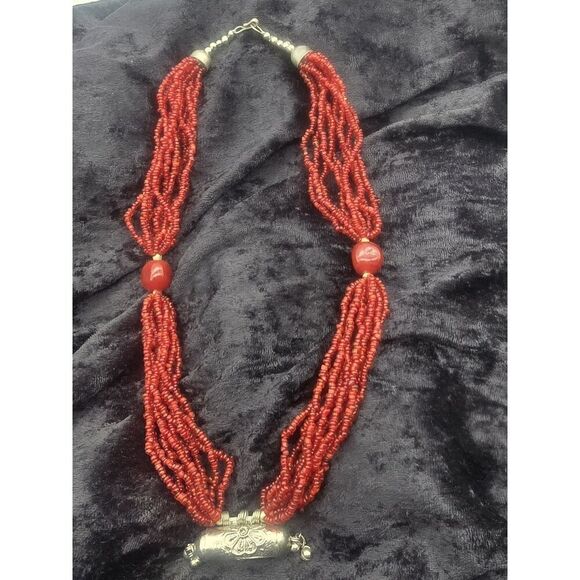 VTG  SILVER AMULET Glass Seed Beads / 2 Coral? Larger Beads /10 Strand Necklace - Picture 12 of 13